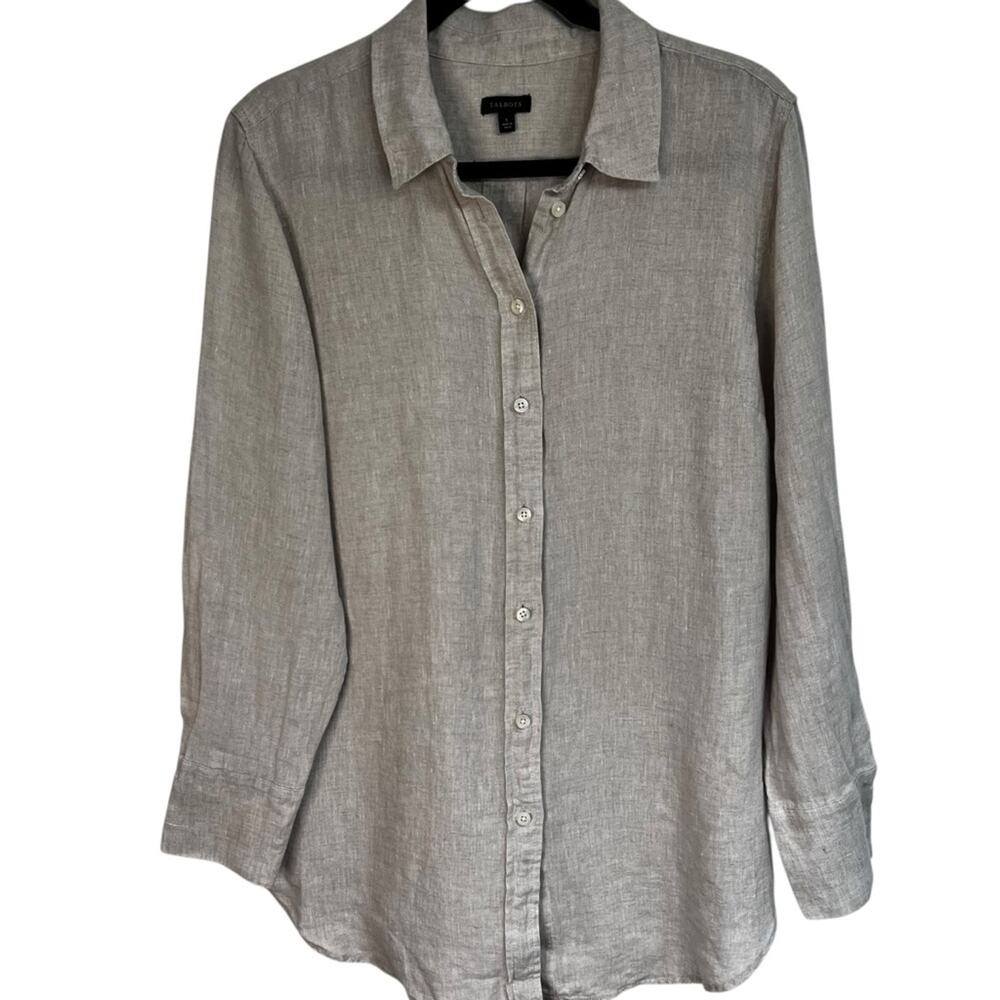 Talbots 100% Linen Button Front Shirt | Neutral Taupe | L | Lightweight Classic